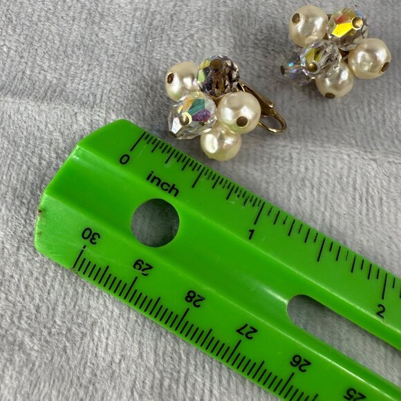 Vintage Faux Pearl & Crystal Beaded Cluster Clip-On Earrings Women MCM - Picture 5 of 16